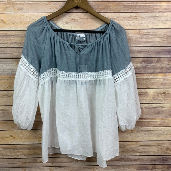 Kaktus Tops - Kaktus Sm Chambray 2Toned Peasant Blouse